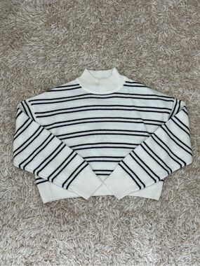 H&M White & Black Striped Mock Neck Sweater
